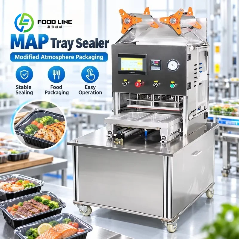 Customized New Type Pneumatic MAP Tray Sealer Modified Atmosphere Tray Sealing Machine for Food Beverage Packaging in Case