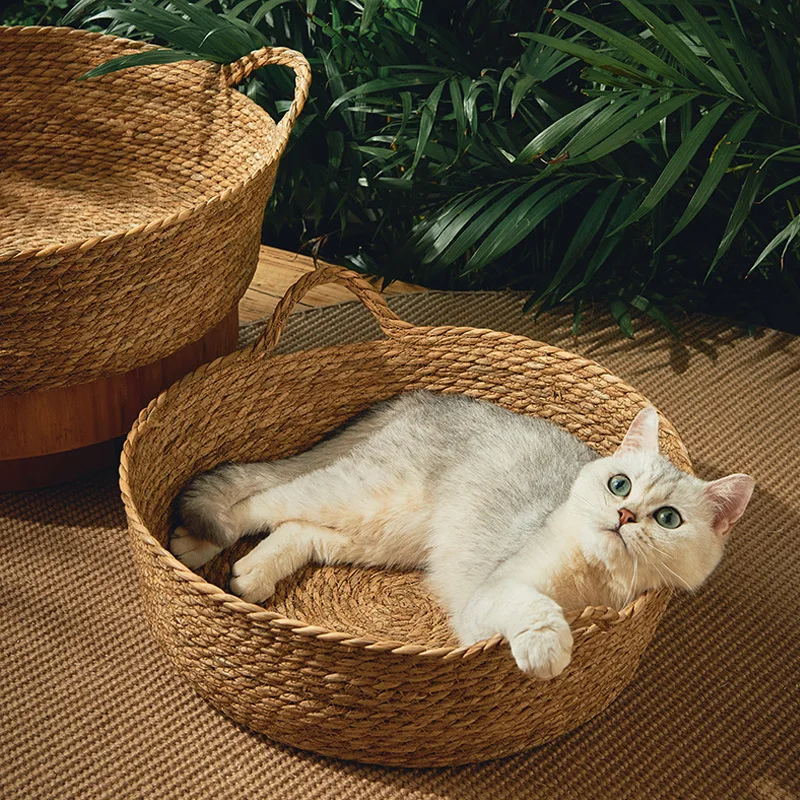 OUZEY Rattan Weaving Basket For Cat Comfortable Sleeping Pet Dog Bed Summer Cool Weave Cat House Donut Round Kitten Puppy Bed