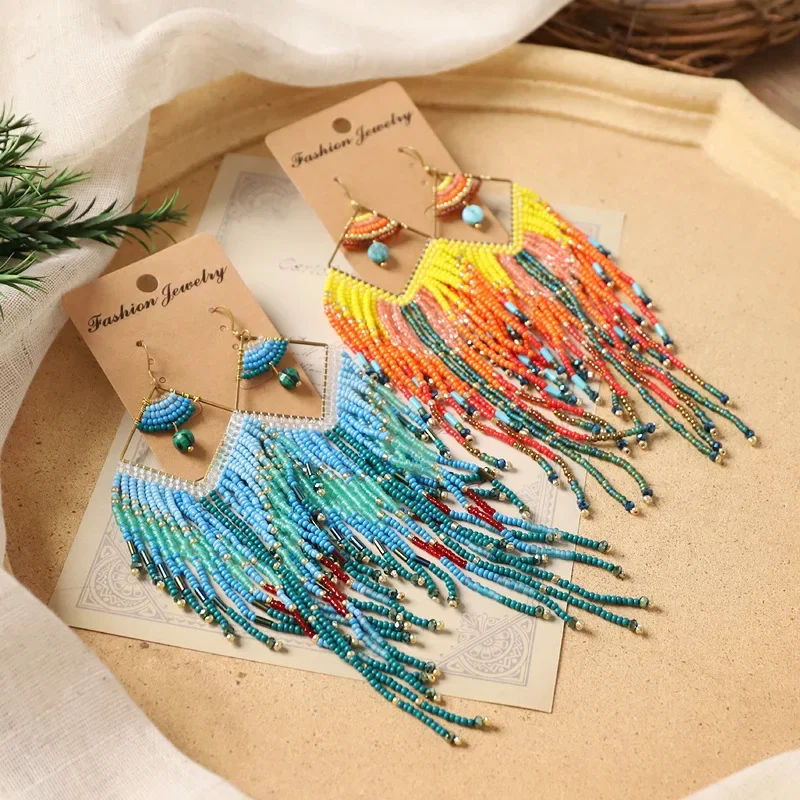 Rice bead earrings Tassel Gradient Pendant Geometry Hand knitting Bohemia Alloy Fashion Simple Beaded earrings