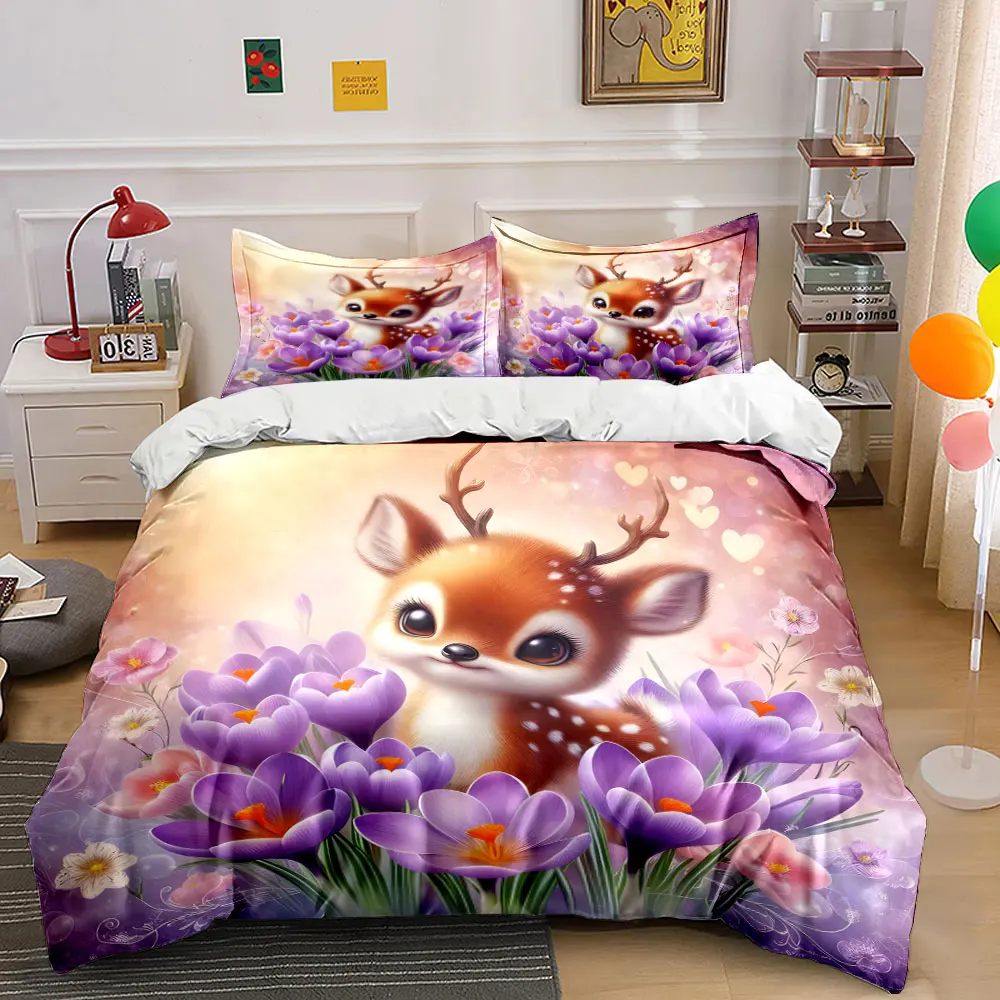 

3pcs Cute fawn with purple blossoms Duvet Cover Set with 3D Printing Design Soft Polyester Bedding Set All-Season Comfort