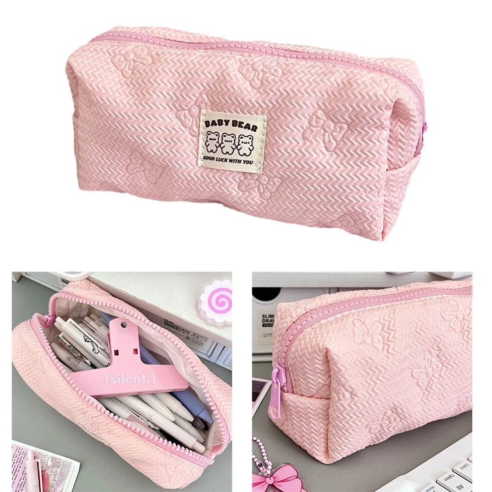 Pink Bow Case Sweet Girl Bowknot Pen Pouch Portable Makeup Storage Bag School Supplies Creative Cosmetic Organizer