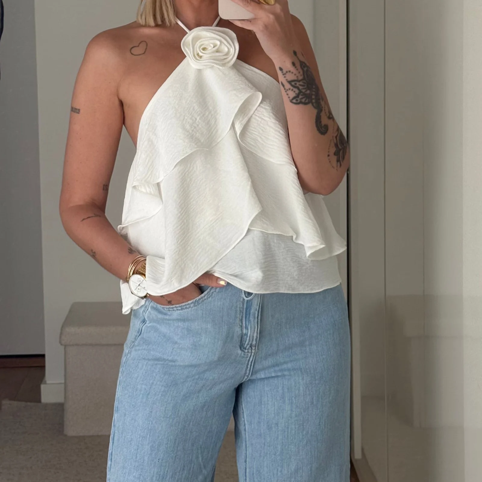 

Summer Women 3D Flower Ruffles Vest Fashion Clubwear Tank Tops Tie-Up Halter Vests Backless Blouses Sleeveless Tops Streetwear