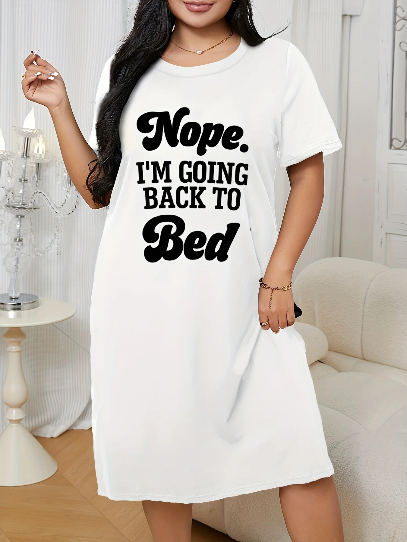 

Женская ночная рубашка с принтом «Нет, я снова буду спать», с короткими рукавами и круглым вырезом, всесезонная, удобная, повседневная домашняя одежда, пижамное платье