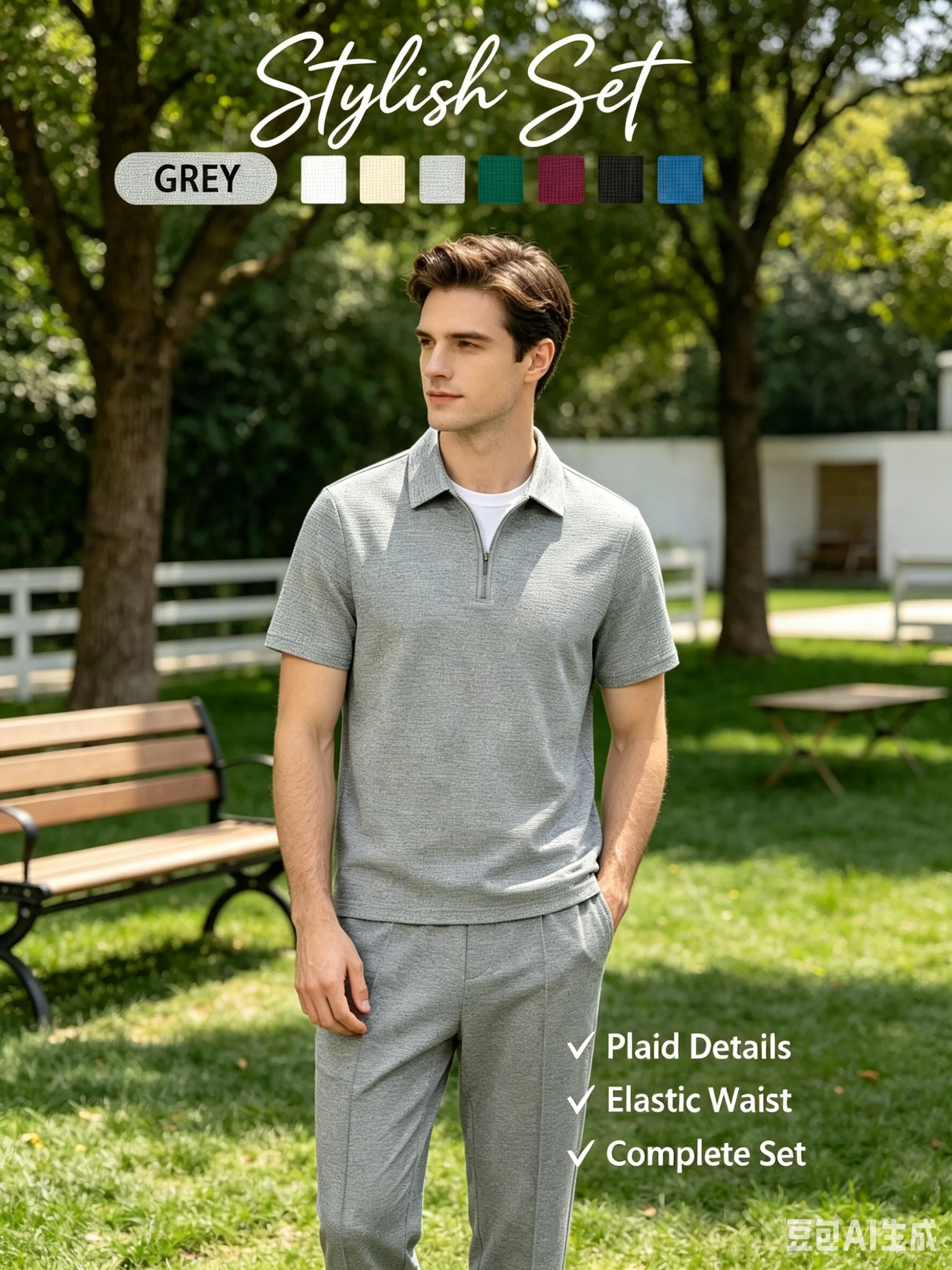 Men Summer Waffle Knit 3-Piece Outfit, Half-Zip Polo with Long Pants & Shorts in Two Styles, Daily Casual & Outdoor Wear - view 6