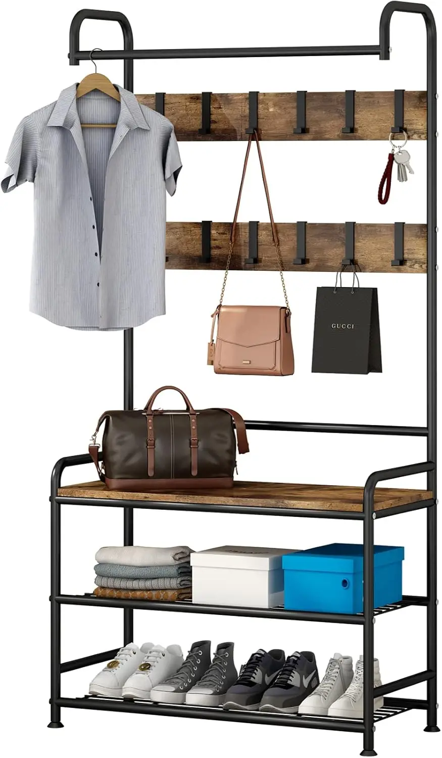 

3-in-1 Hall Tree with Bench and Shoe Storage, Heavy Duty MDF Coat Rack with Metal Frame, Rustic Black