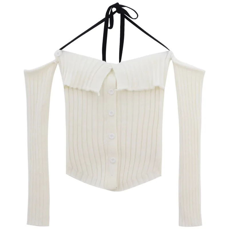 2025 herbst Winter Neue frauen Sexy Halter Off Schulter Lange Ärmel Stricken Top Schlank Abgeschnitten Weiß Pullover