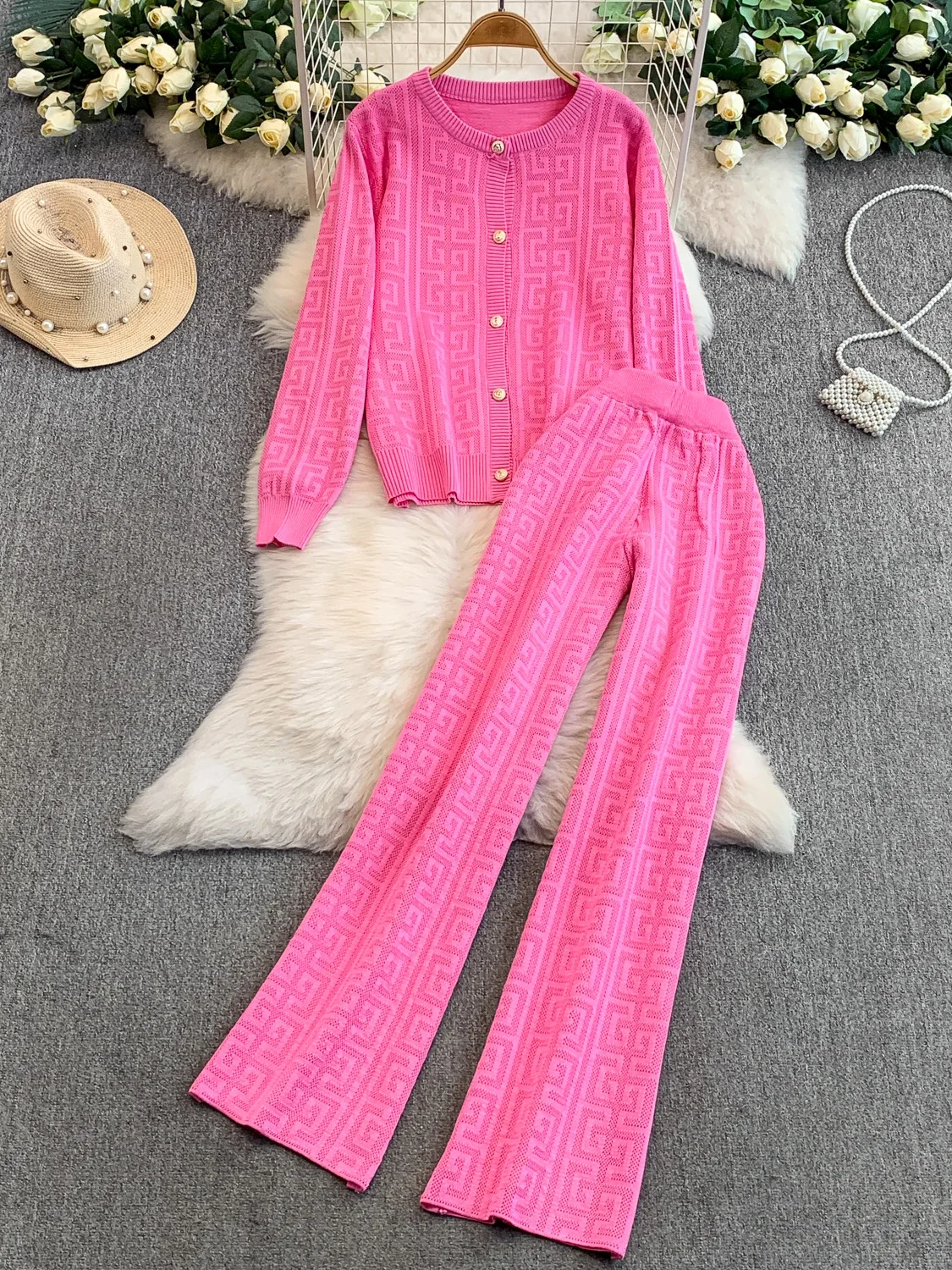 

Розовое вязаное круглое пальто Ne с металлическими синими брюками с высокой талией и прямыми штанинами, комплект из двух предметов, осенний наряд French Sle Faion