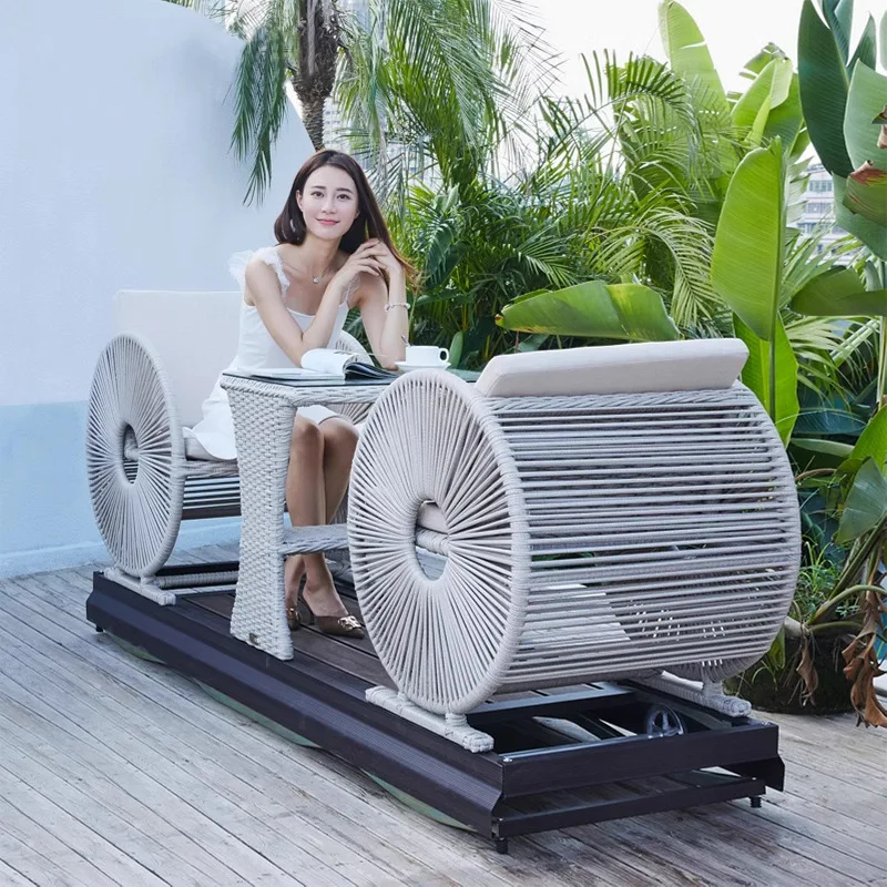 Modern Waterproof Double Wheel Rocking Chair Outdoor Power Rattan Chair Recliner for Balcony Courtyard Home Indoor Lazy Recliner