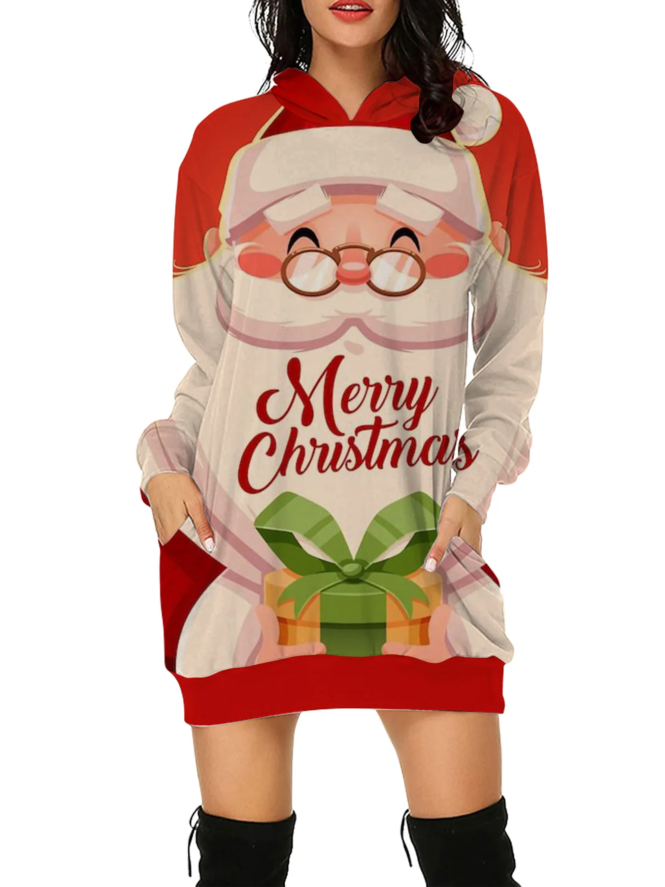 Felice Serata Women Hoodie Sweatshirt Multicolour Christmas Tree Print Women's Long Sleeve Autumn Hoodie Sweatshirt Dresses