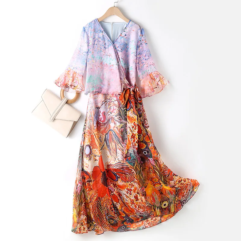 

European Station Summer New Women's Vintage Printed Bell SleeveRibbon Elegant Silk Dress