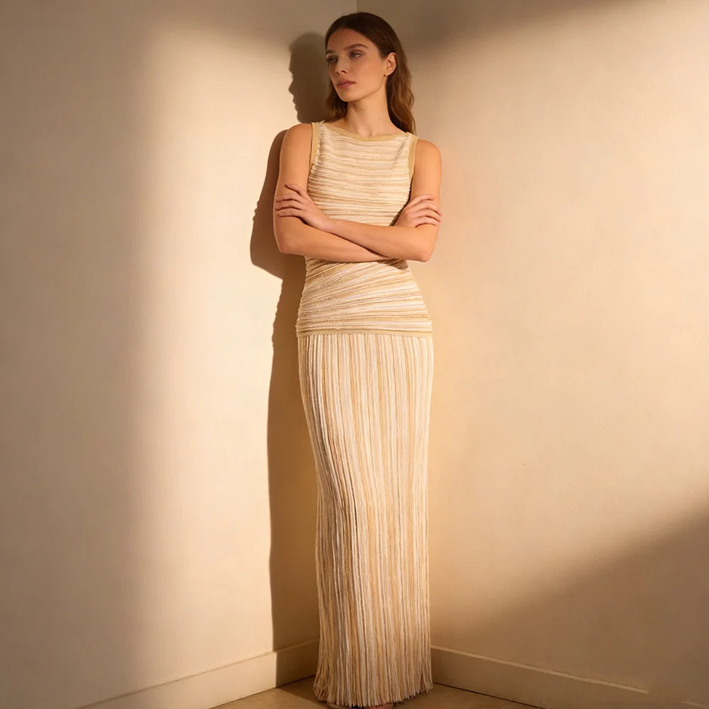 

Color block colorful bright silk knitted striped sleeveless vest + skirt two-piece skirt cross-border e-commerce hot sale