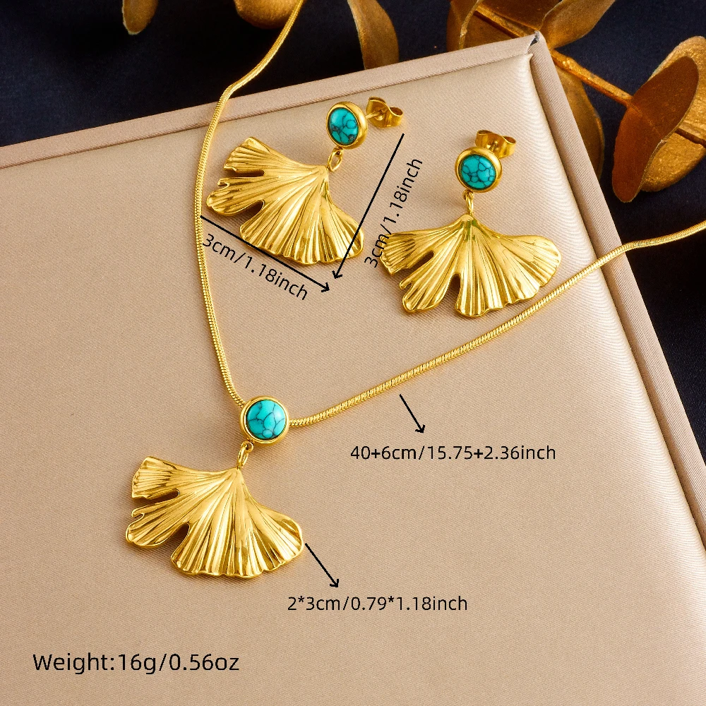 MEYRROYU 316L Stainless Steel Round Turquoise Ginkgo Leaves Necklace Earrings Suit For Women New Trend Non-fading Jewelry Set