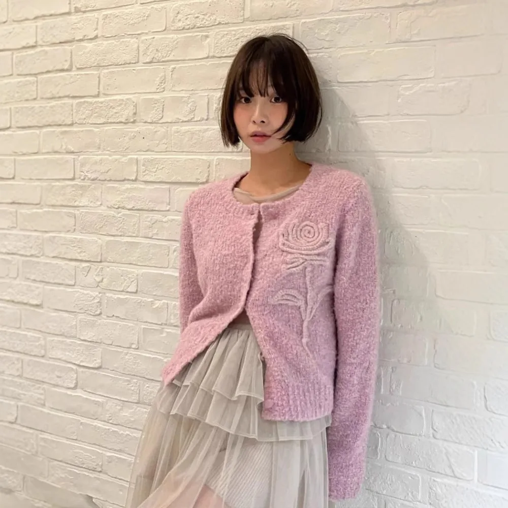 

Вязаный кардиган с цветочным узором «Сладкая роза», свитер с круглым вырезом, 3D-вышивка, корейский стиль, весна-осень, новинка, женская мода