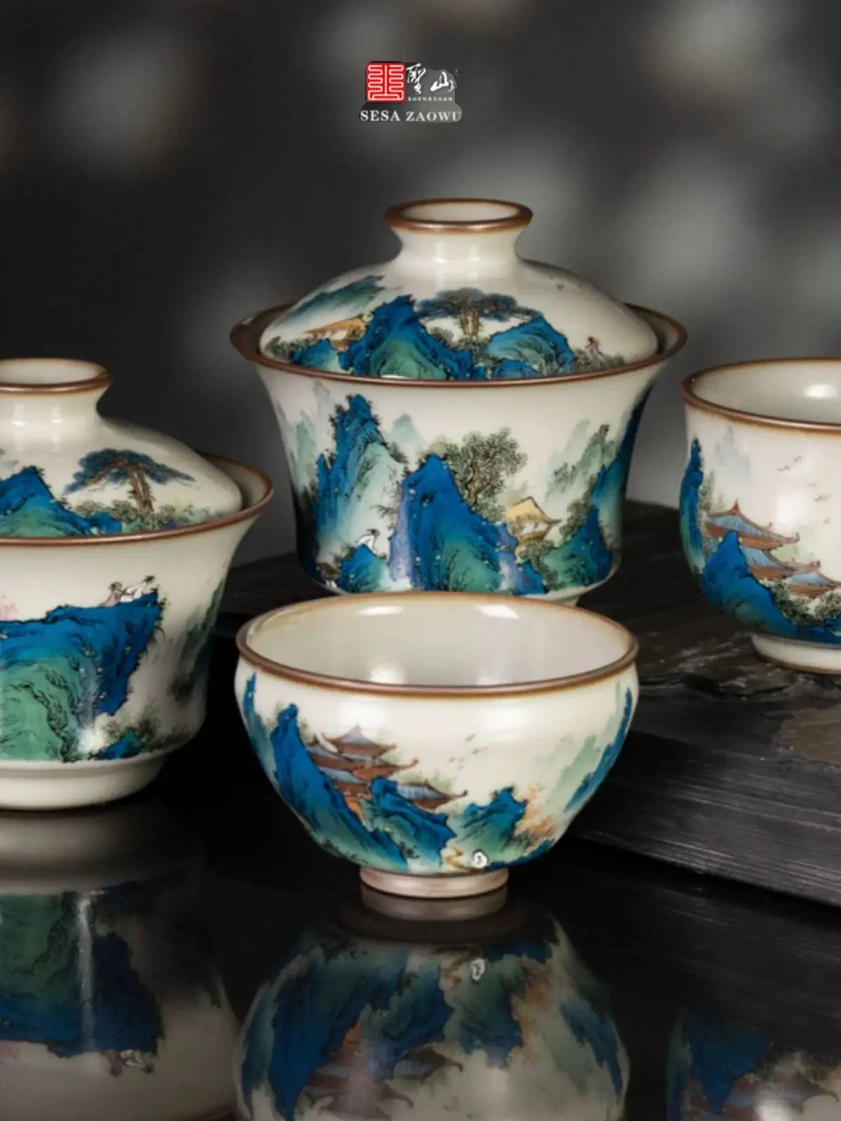 Shengshan X Teacher Zhang's High-End Southern Song Dynasty Official Kiln Green Landscape Cup With Lid, Hand-Painted Pastel Tea