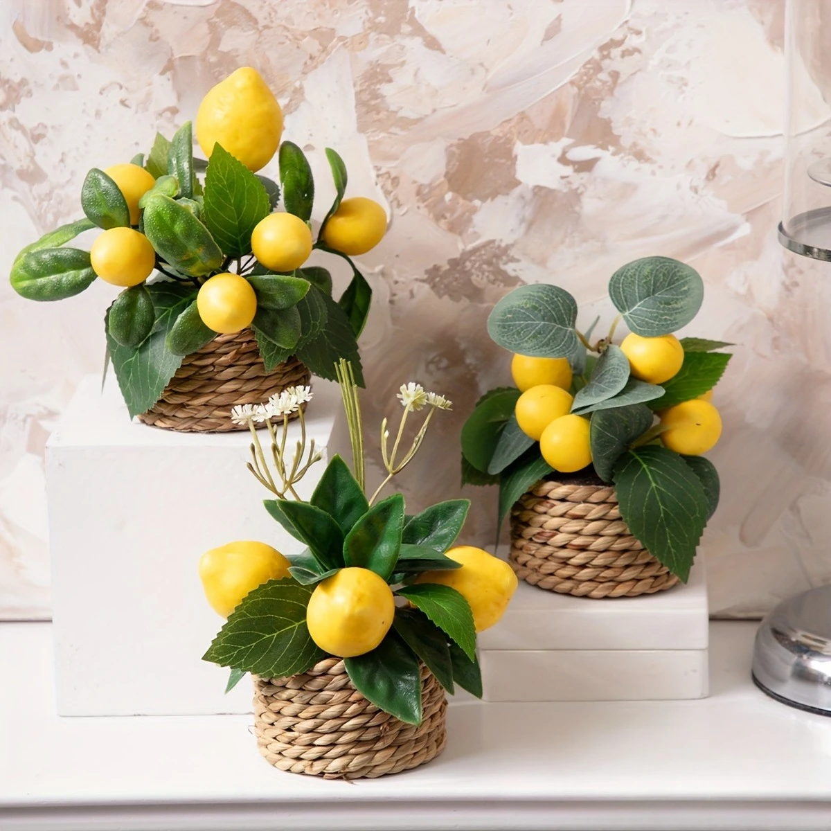 

1pc Vibrant Yellow Lemon Artificial Plant Set in Woven Baskets - Realistic PE Material, Perfect for Home & Garden Decor