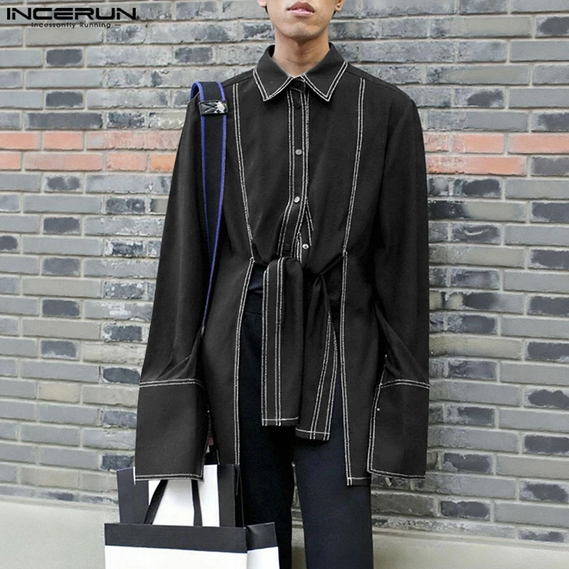

INCERUN Мужская рубашка нестандартной формы в стиле пэчворк с лацканами и длинными рукавами на пуговицах, свободная мужская одежда, уличная одежда, 2025 г., модные повседневные мужские рубашки