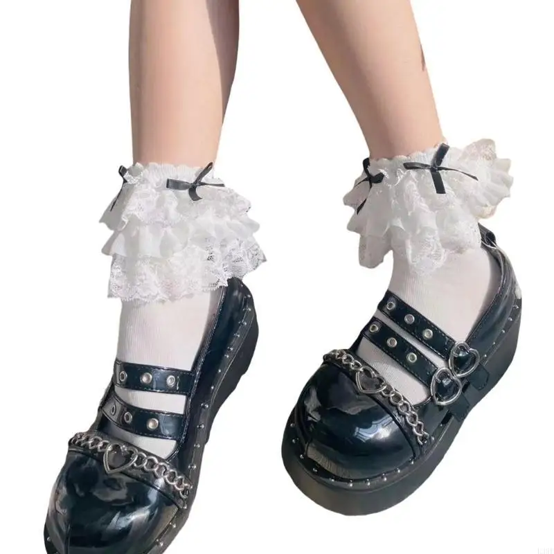 

L38E Womens Princess Tiered Lace Trim Bowknot Ankle Socks Elegant Cotton Ruffle Frilly Middle Tube Socks Hosiery