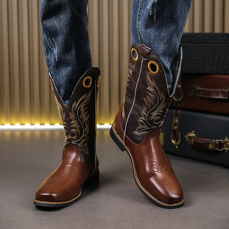 Botas de cowboy ocidentais marrons masculinas, padrões bordados intrincados, clássico, bico quadrado, altura da panturrilha, elegante, durável, ideal para haste