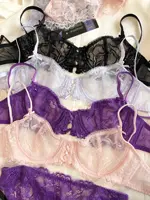 Sexy Hollow Bra French Ultra Thin Lace Embroidery Women Lingerie Set Underwire Push Up Bras Breathable Underwear and Panties Set 4