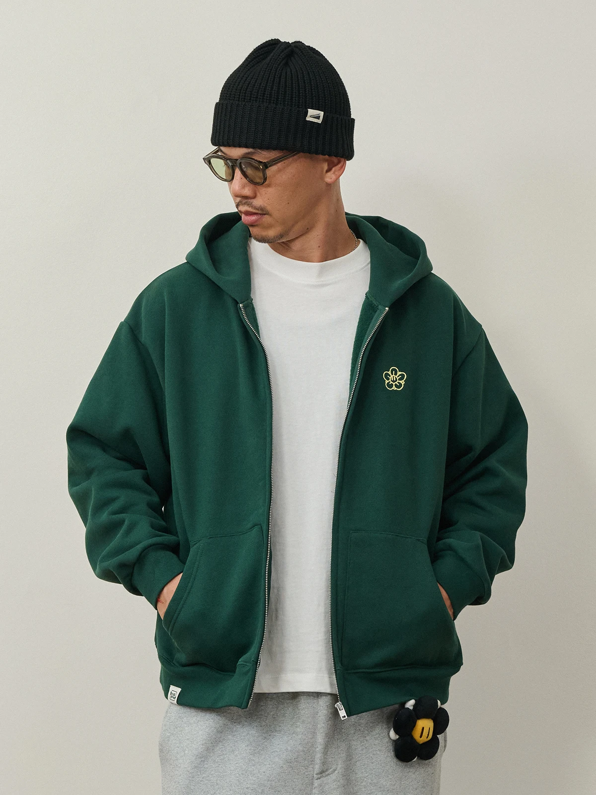 Broshood X JoeNg Whonose Collaborative Hooded Zipper Sweatshirt Embroidered Fleece Lined Diagonal Pattern Unisex Casual Wear