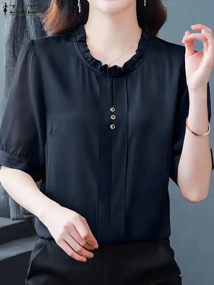 ZANZEA Elegant Women Blouse 2024 Summer Puff Short Sleeve Tops Shirt Fashion Ruffle Round Neck Tunic Vintage Office Lady Blusas