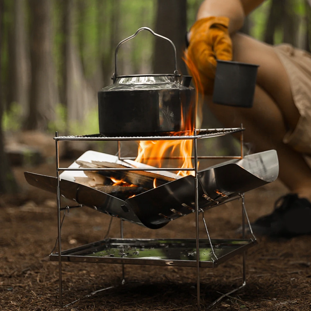 Bonfire Stand Portable Camping BBQ Grill Folding Outdoor Wood Burner Stainless Steel Campfire Stove for Outdoor Backyards