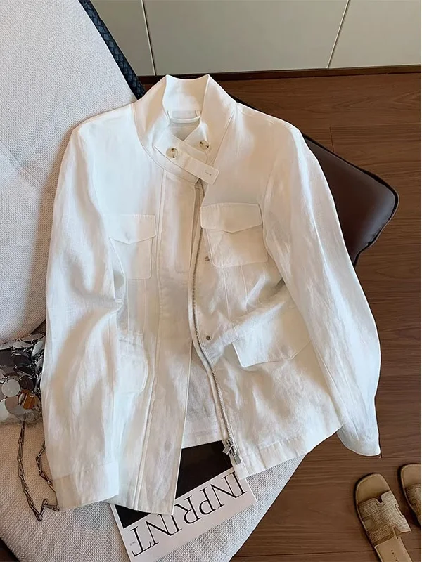 

White Stand Collar Zipper Design Slim Fit irt Jaet Women's Spring 2026 New Elegance Sunscreen Breathable Top