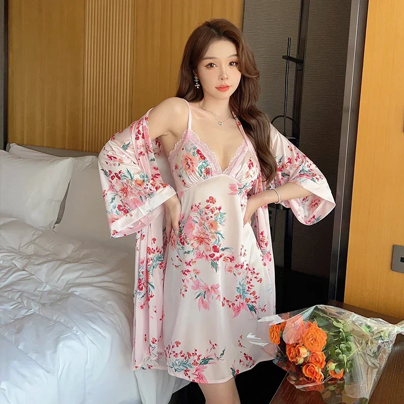 2PCS Silk Satin Sexy Lace Lingerie Nightgowns Robes Sets for Women Korean Cute Bathrobes Sleepwear Nightdress Night Dress Ladies