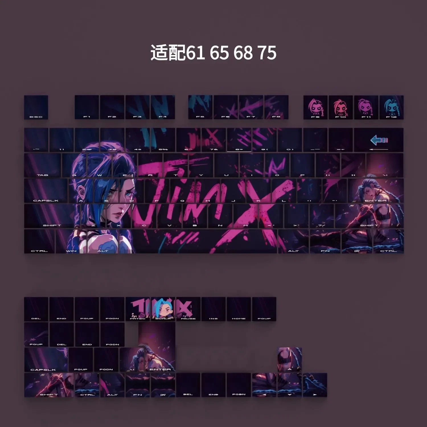 Jinx Theme Anime Keycaps Set PBT Keyboard Caps Custom Side Engraved Transmission Keycaps for Mechanical Keyboard Accessories