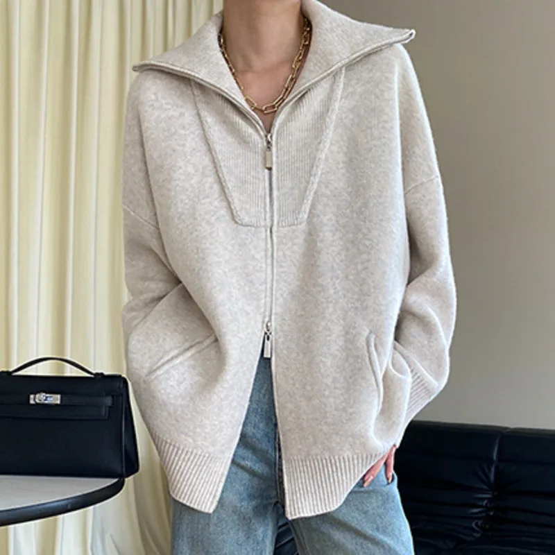 HKSH Autumn Winter New Women Sweater Cardigan Double Zipper Turn-Down Collar Knitted Casual High Street Elegant Ins Coat HK11639