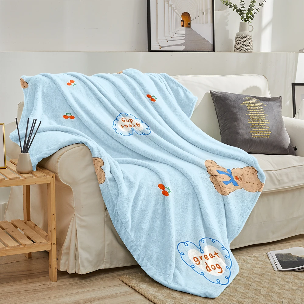 Blue Teddy Bears Cherries Lightweight Flannel Blanket Breathable Cozy Throw Blanket for Spring Summer Sofa Bed Air Conditioning