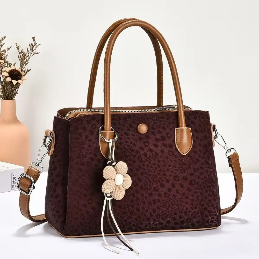 PU Leopard Print Shoulder Bag Large Capacity with Pendant Crossbody Bag Multi Layer Textured Look Hand Carry Bag