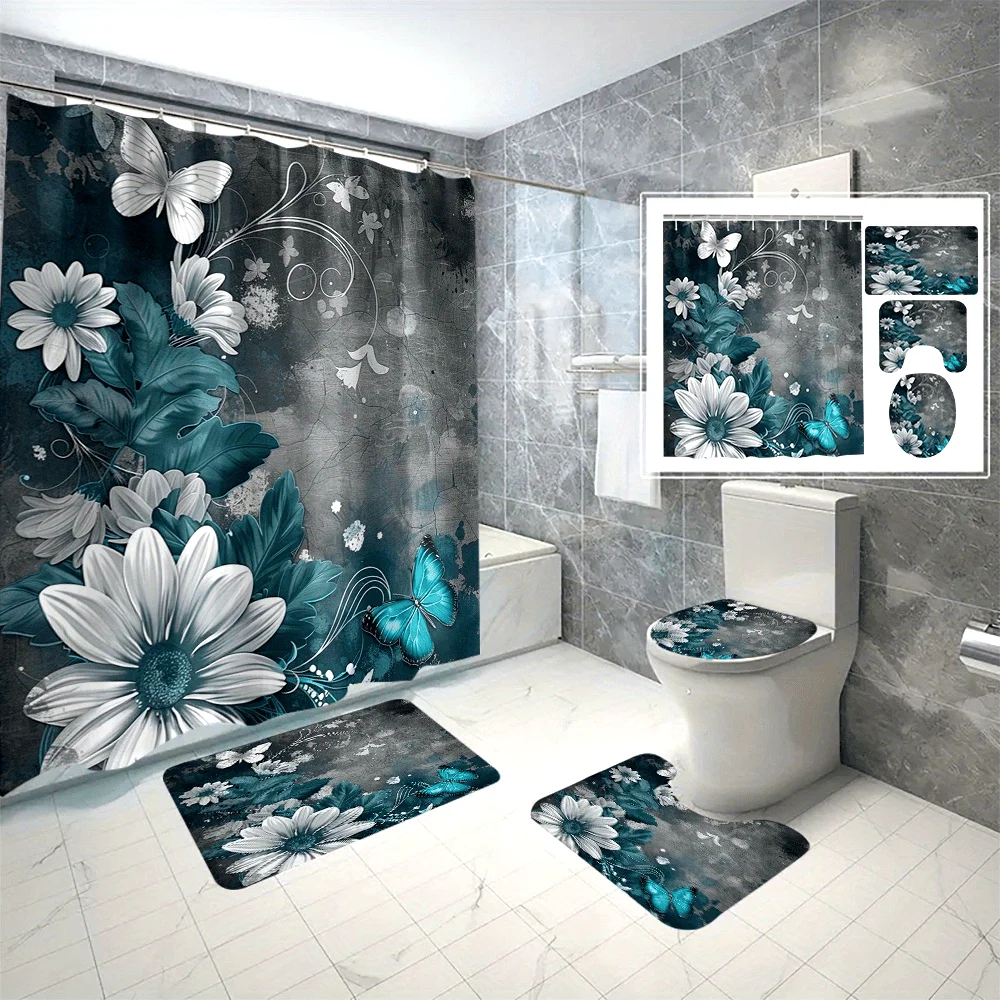 

4pc Blue-green butterfly and floral bathroom set, non-slip mat, U-shaped mat, toilet seat mat, shower curtain