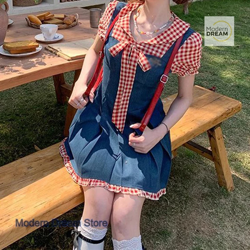 

Sweet red plaid contrast temperament bow dress female summer new fake two-piece puff sleeves waist pleated stitching skirt
