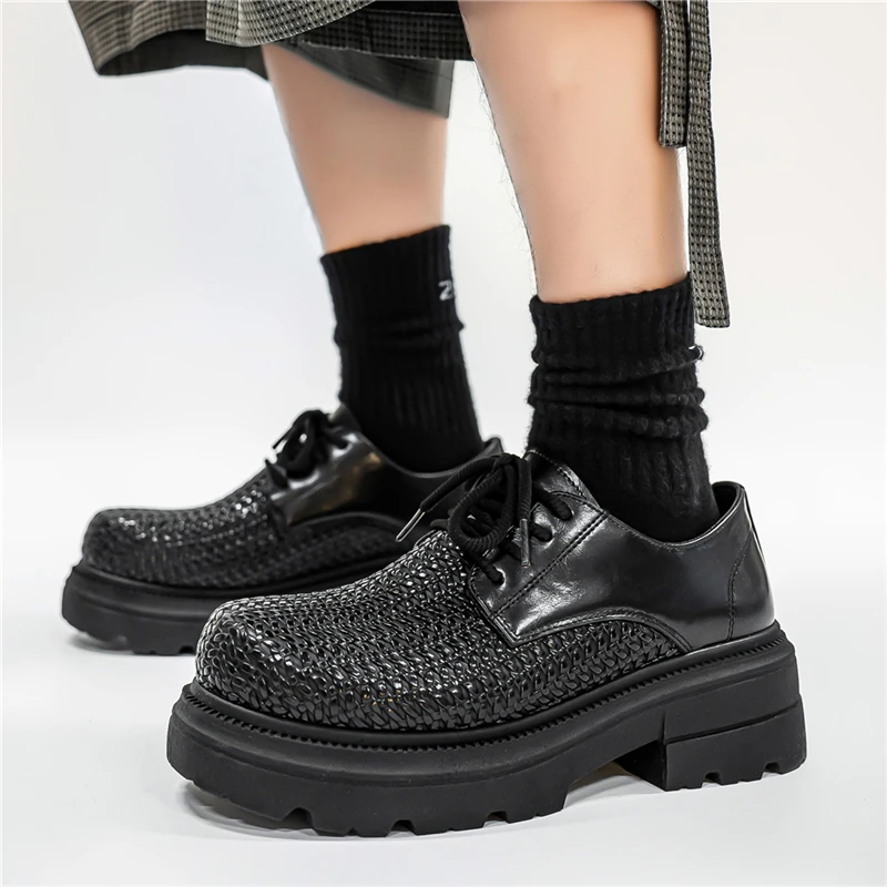 

2025 Summer Leather Woven Men's Hollow Hole Shoes Round Head Thick Sole Inner Height Increase Casual Cowhide Breathable