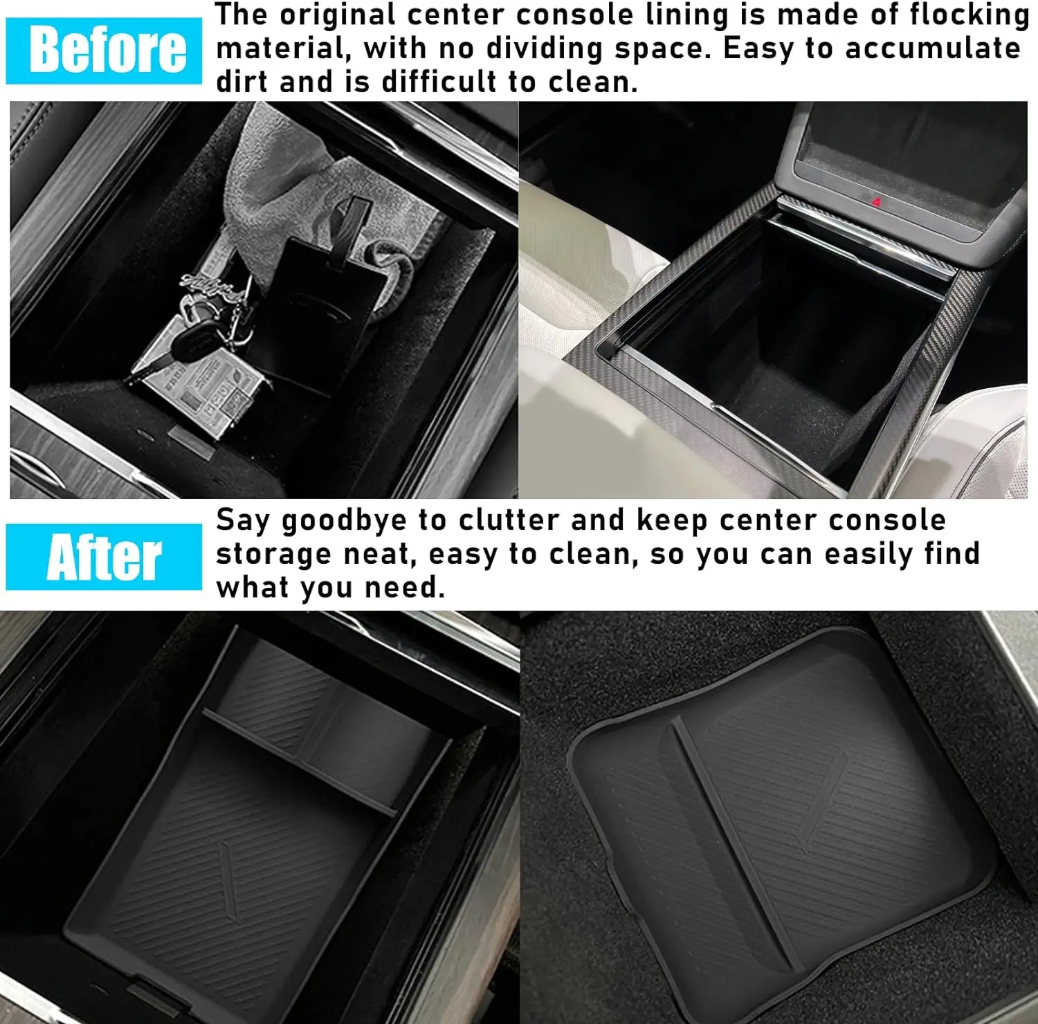 For Tesla Model S Model X  Plaid/Long Range Center Console Organizer 2021-2024, Silicone Console Armrest Storage Box Bottom Tray