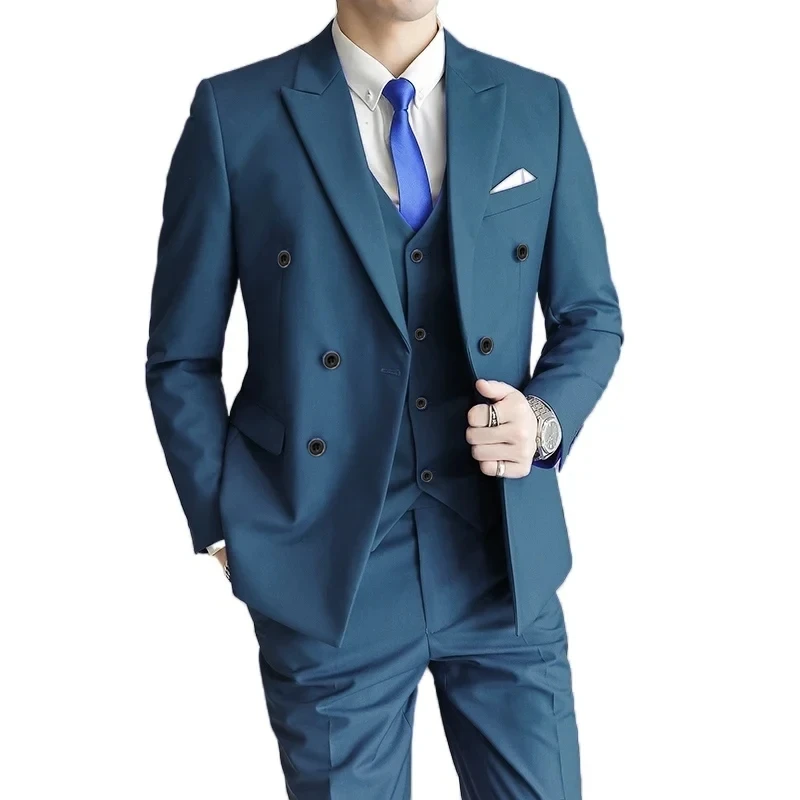 2023 Fashion New Men\'s Casual Business Double Breasted 3 Pcs Suit Set / Male Slim Solid Color Wedding Blazers Jacket Vest Pants