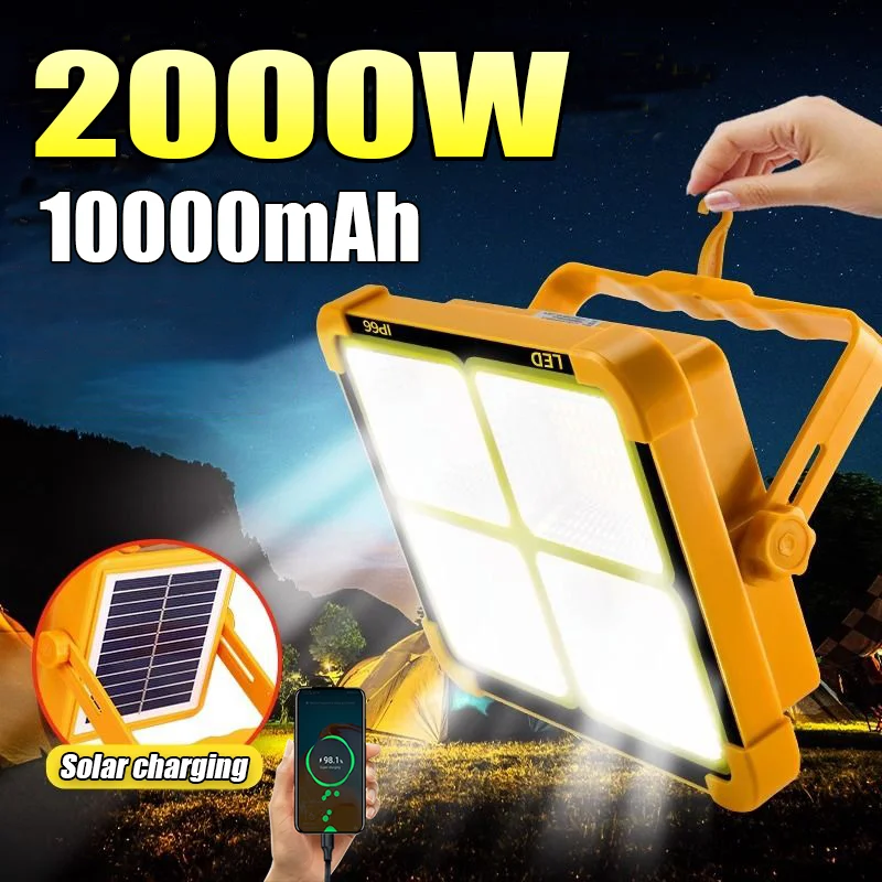

Powerful 2000W Solar Floodlight 10000mAh USB+Solar Rechargeable High Power Flashlight Outdoor LED Power Bank Lamp Camping Lights