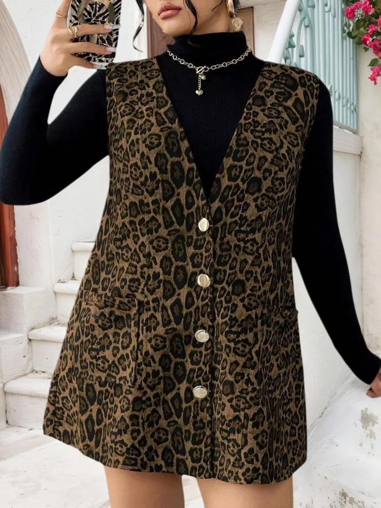 

Women Plus Size XL-4XL Leopard Print Flap Detail Sleeveless Coat Ladies Fashion Sleeveless Thermal Vest Big Size 3XL Outwear