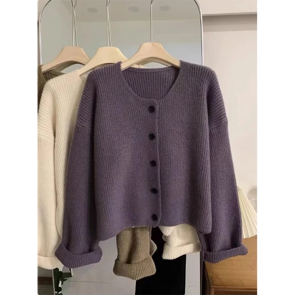 

Casual Knitted Open Cardigan Women's Purple Sweater ort Sle Long Sve round Ne Commute Faion Lazy Versatile Autumn ...