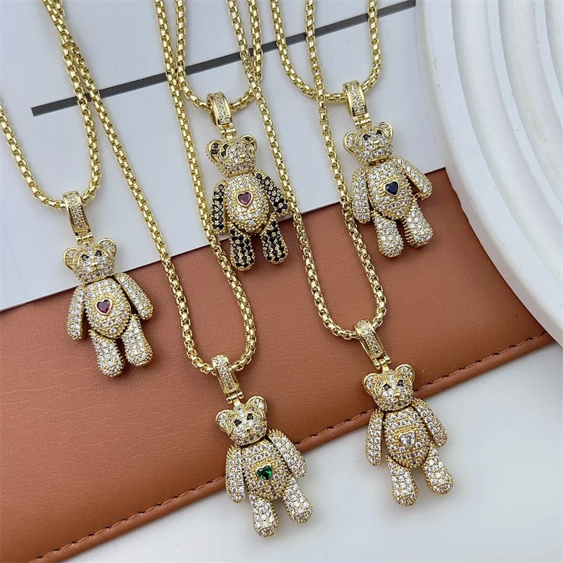 2023 New Hot Sale Cute CZ Teddy Chunky Big Crystal Bear Heart Charms For Women CZ Rhinestone Necklace Gold Plated Jewelry Gifts