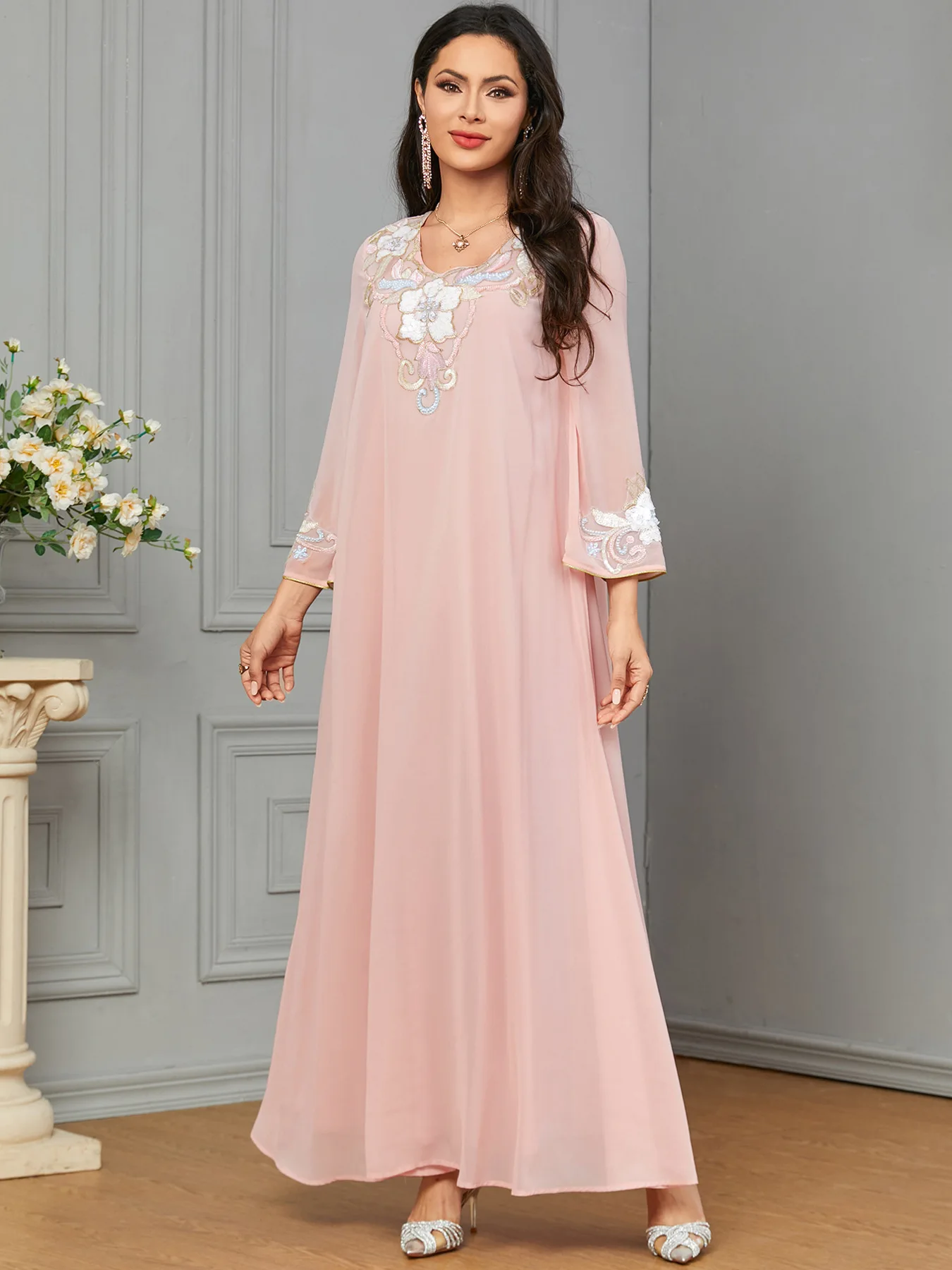 Abaya-Robe de soirée musulmane brodée de Dubaï pour femmes, robes longues en mousseline de soie, caftan marocain, vêtements islamiques, robe de Ramadan, robe arabe