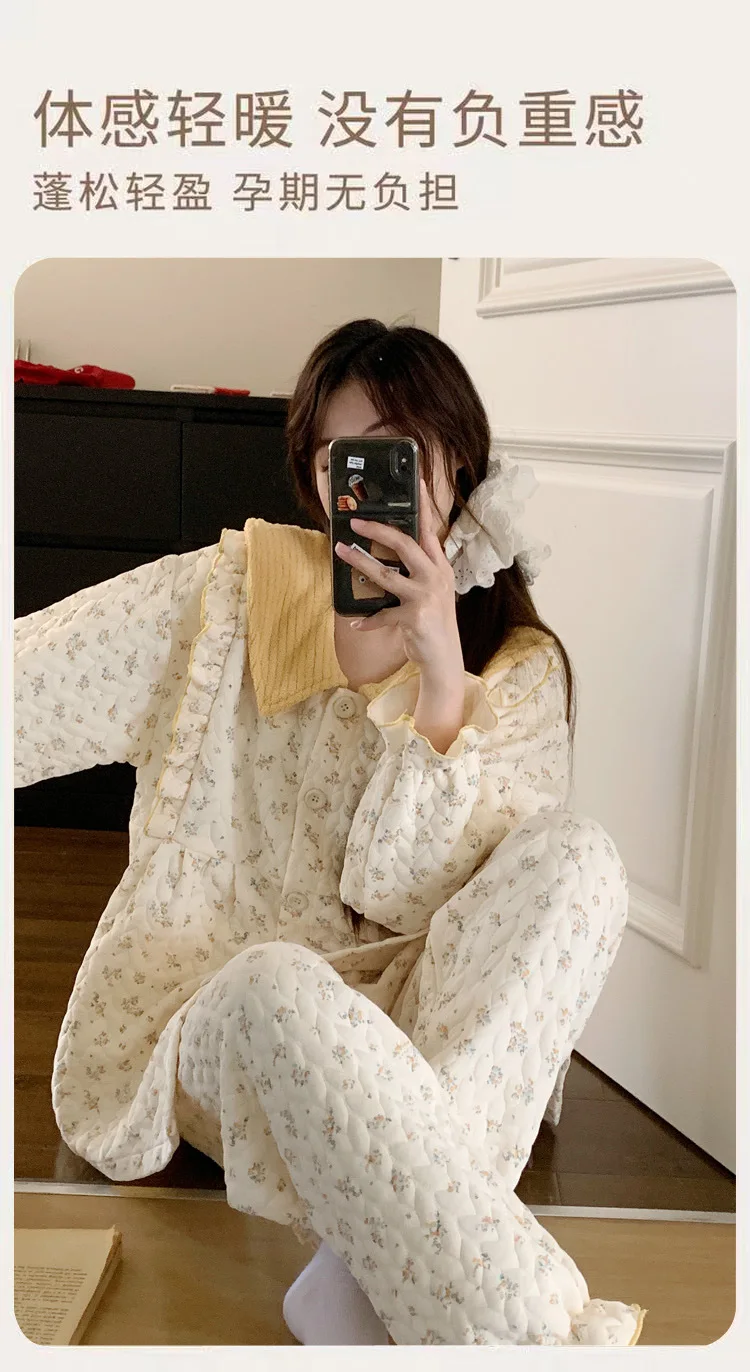 Conjunto de pijamas de algodão puro feminino outono inverno quente mangas compridas pijamas bonito confortável homewear aconchegante loungewear pijamas