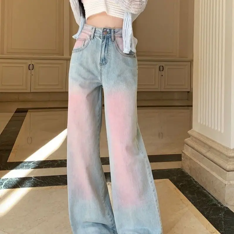 Powder Blusher Gradual Wash Wide Leg Soft Jeans Women\'s Thin High Waist Loose Slim Large Straight Floor Pants