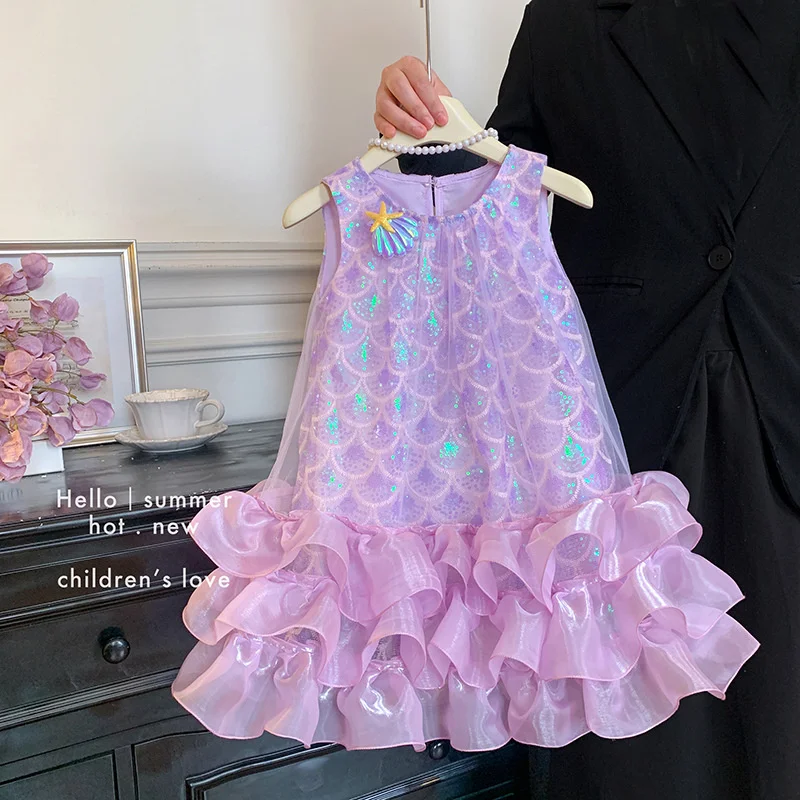 Summer Princess Dress Baby Girls Sequined Mesh Gown Children Fashion Sleeveless Vestidos Christmas Halloween Costumes 2-10Y