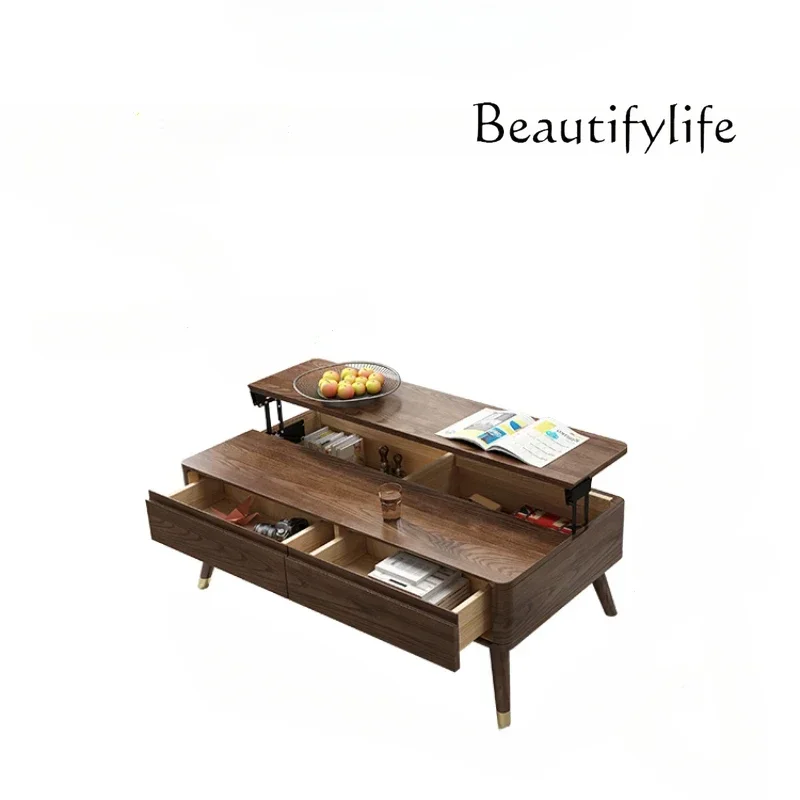 

Solid Wood Ash Light Luxury Multi-Functional Folding Tea Table Walnut Color Living Room Retractable Lifting Tea Table