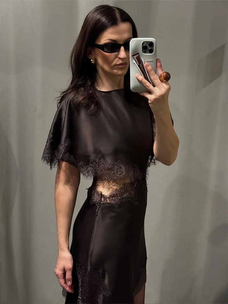 HH Mulher Primavera Mangas Curtas Abertura Design Assimetria Renda Decoração Vestido Feminino Casual Versátil Gola Redonda Mini Vestido