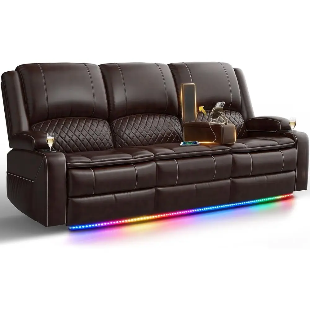 

3 Seater Reclining Sofa with Storage, Home Theater Couch, Manual PU Leather, USB Ports, Brown