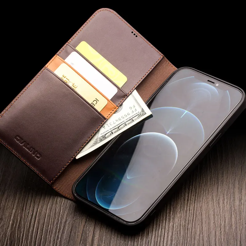 Qialino Genuine Leather Flip Phone Cover For iPhone 13 12 Pro Max 12 13 Mini Business Card Slots Wallet Pocket Protection Cases