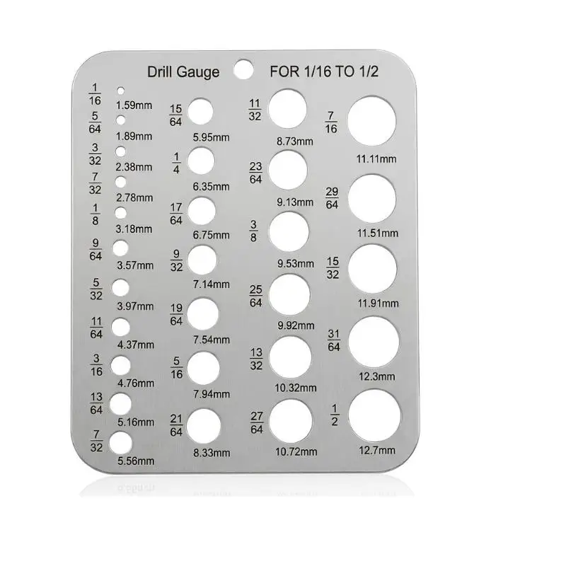 Stainless Steel 29 Hole Drill Gauge High Contrast Marking Quick Precise Measuring 1/16 to 1/2 Inch Bit Size Checker Tool